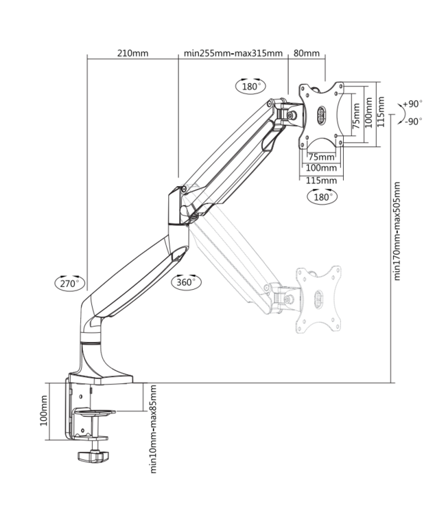 DQ Wall-Support Monitorarm Nika Silver- with gas spring