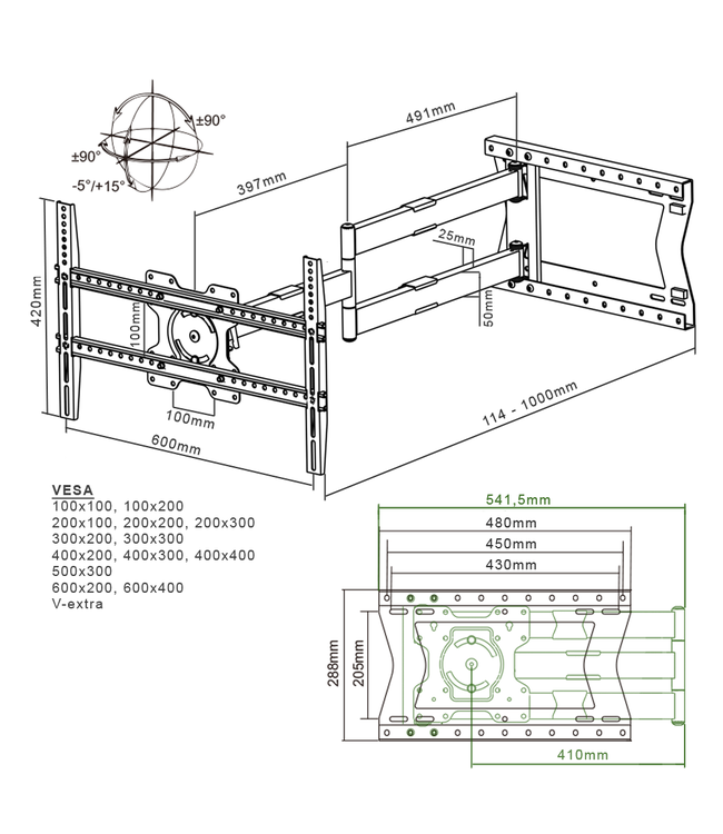 XTRARM Crius 100 cm Rotate 600 TV bracket Black