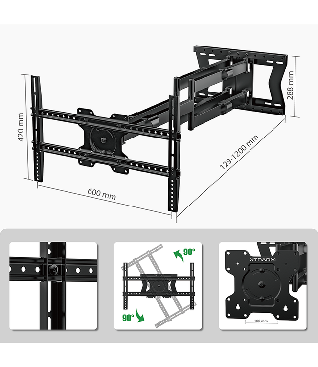 XTRARM Cratos 120 cm double Rotate VESA 600 TV beugel zwart