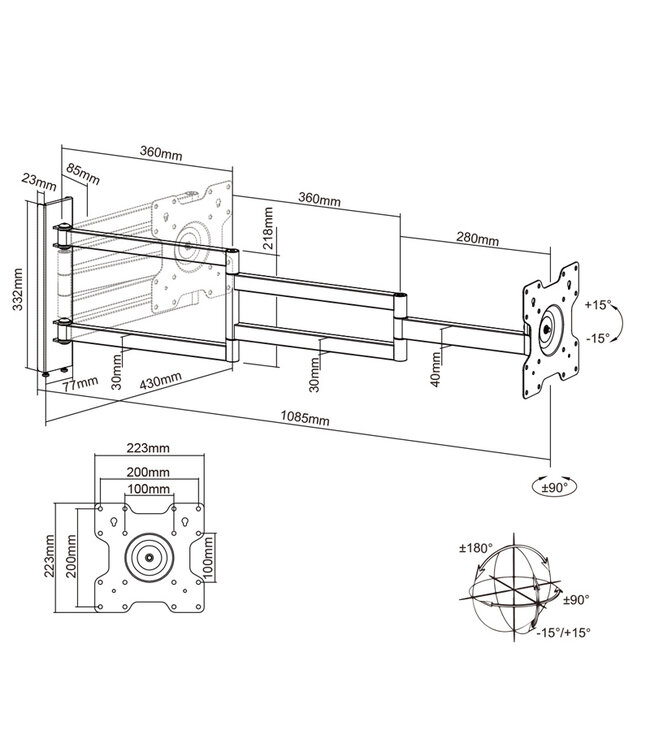 XTRARM Axis XL 110 cm Black TV Wall Bracket - Copy