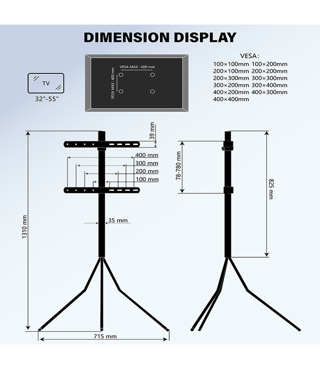 XTRARM Juno Tripod VESA 400 TV Stand Black steel