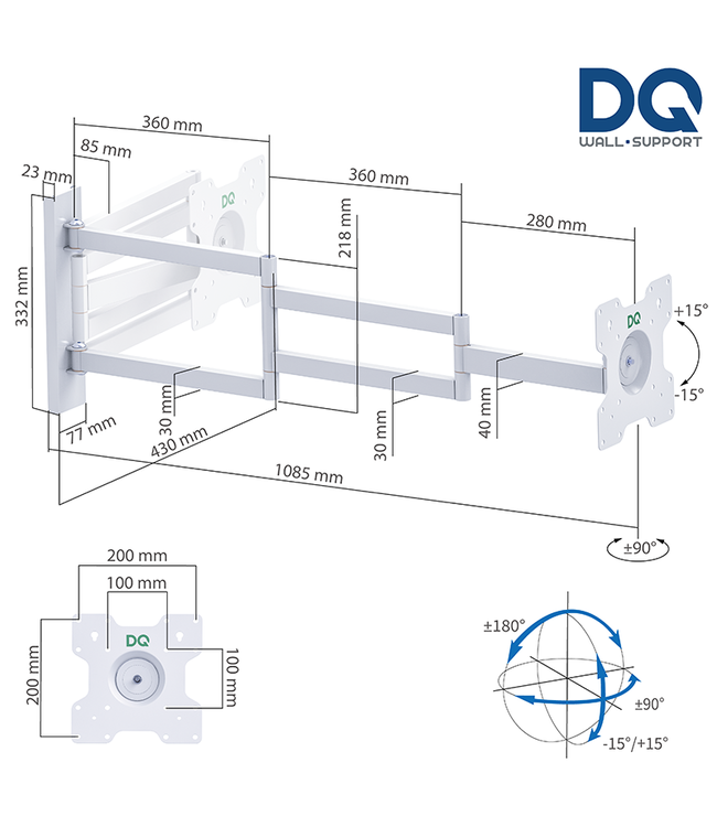 DQ Wall-Support Rotate XL 108,5cm Draai- en Kantelbare TV Beugel Wit