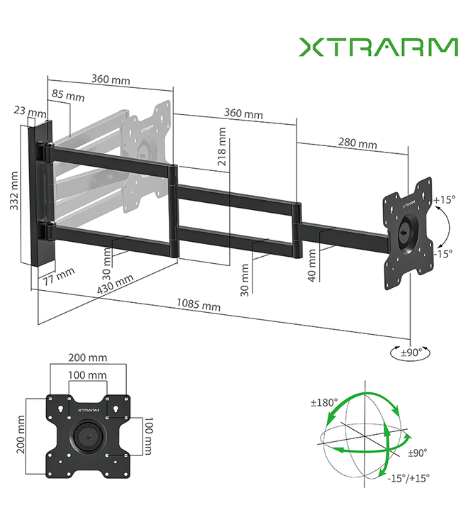 XTRARM Axis XL 108.5 cm Draai- en Kantelbare TV Beugel Zwart