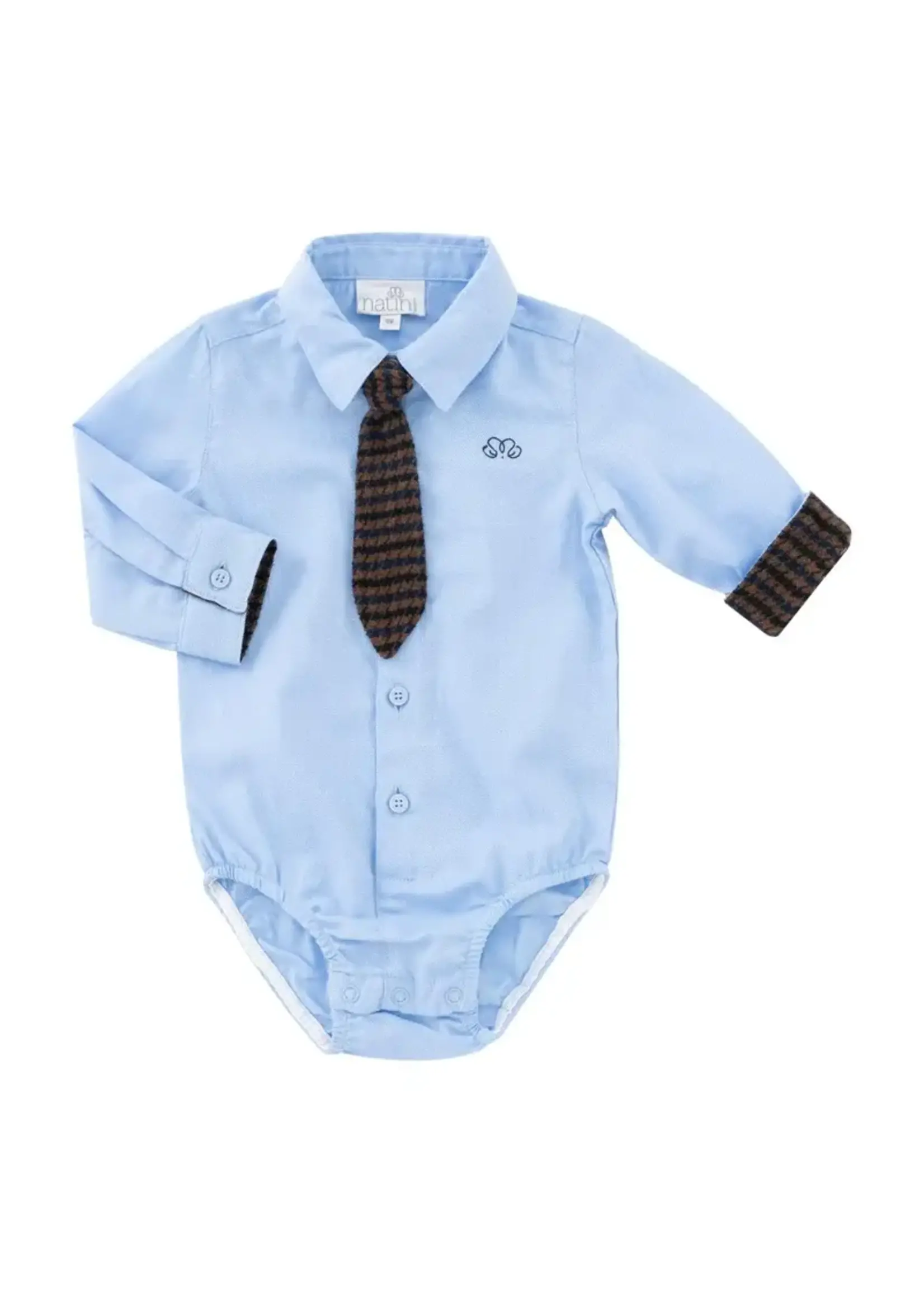 Natini Natini Babyboy bodyshirt lightblue with brown vichy tie - 1202 10543 0040