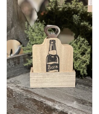 Houten onderzetters Beer met flesopener set van 4.