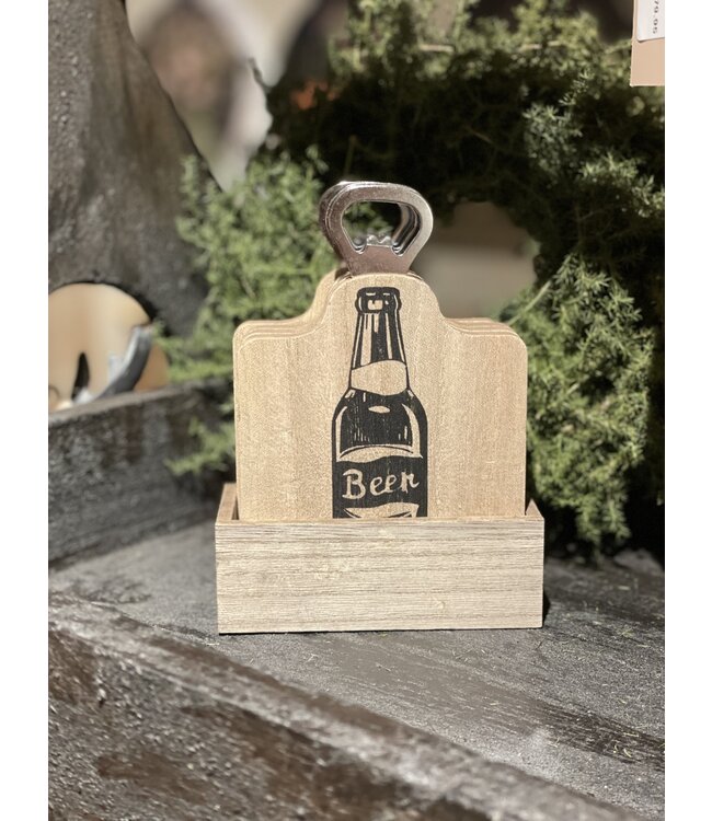 Houten onderzetters Beer met flesopener