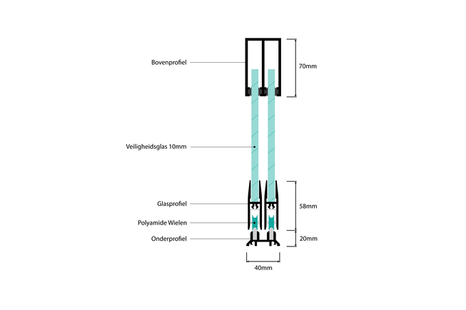 Glazen schuifwand zwart 2 railsysteem met 2 glaspanelen van 103cm tot 203cm breed