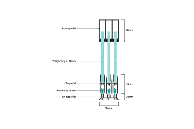 Glazen schuifwand 3 railsysteem antraciet met 6 glaspanelen van 98cm tot 578cm breed