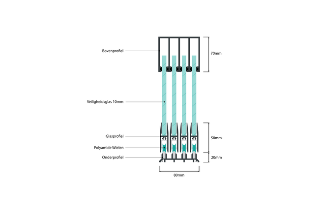 Glazen schuifwand antraciet 4 railsysteem met 4 glaspanelen van 103cm tot 403cm breed