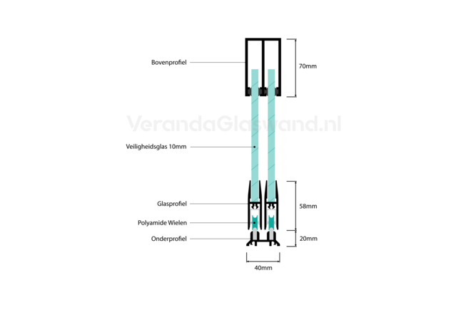 Glazen schuifwand zwart 2 railsysteem met 2 glaspanelen van 82cm tot 161cm breed