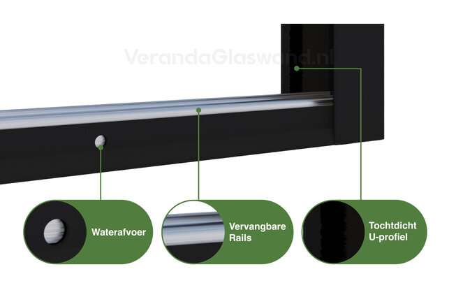 Glazen schuifwand zwart 2 railsysteem met 2 glaspanelen van 82cm tot 161cm breed