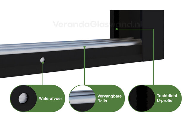 Glazen schuifwand 3 railsysteem zwart met 3 glaspanelen van 82cm tot 240cm breed