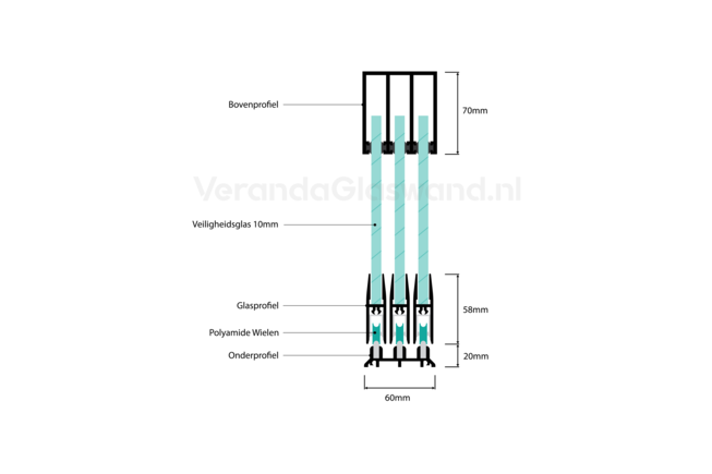 Glazen schuifwand zwart 3 railsysteem met 3 glaspanelen van 90cm tot 264cm breed