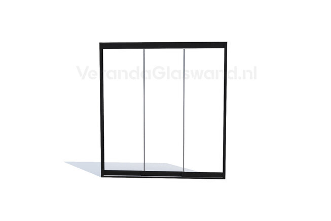 Glazen schuifwand zwart 3 railsysteem met 3 glaspanelen van 90cm tot 264cm breed