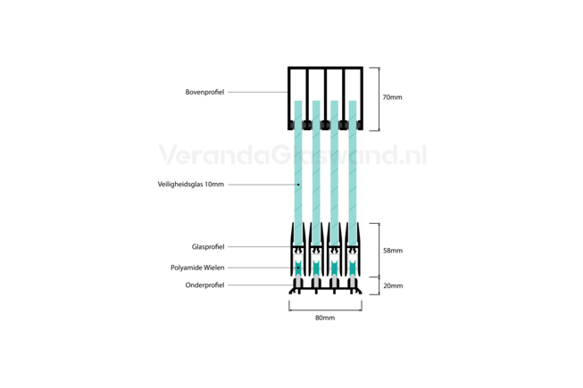 Glazen schuifwand 4 railsysteem zwart met 4 glaspanelen van 82 cm tot 319cm breed