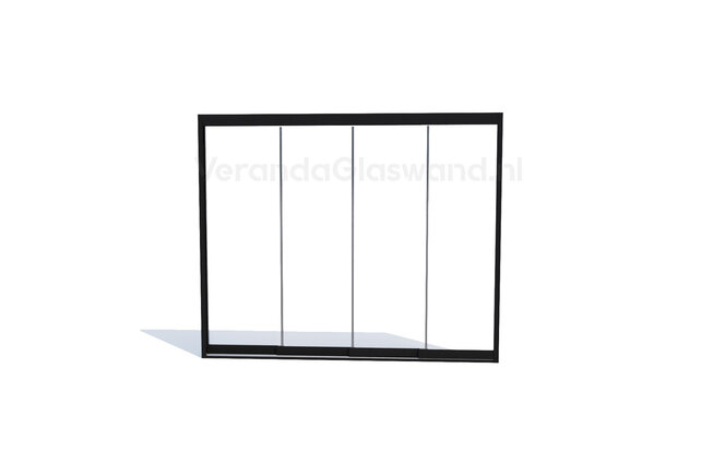 Glazen schuifwand  zwart 4 railsysteem met 4 glaspanelen van 90cm tot 351cm breed