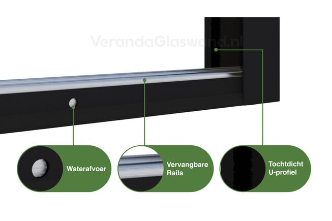 Getinte glazen schuifwand zwart 2 railsysteem met 2 glaspanelen van 103cm tot 203cm breed