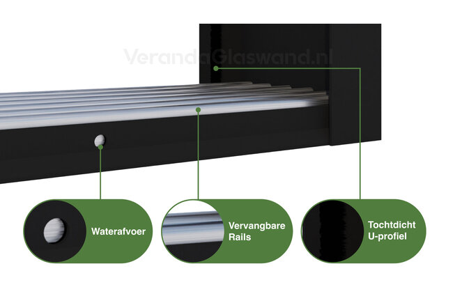 Getinte glazen schuifwand zwart 5 railsysteem met 5 glaspanelen van 82 cm tot 398cm breed