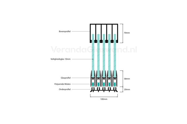 Getinte glazen schuifwand zwart 5 railsysteem met 5 glaspanelen van 82 cm tot 398cm breed