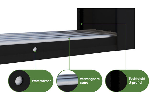 Getinte glazen schuifwand zwart 6 railsysteem met 6 glaspanelen van 82 cm tot 477cm breed