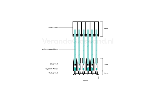 Getinte glazen schuifwand zwart 6 railsysteem met 6 glaspanelen van 82 cm tot 477cm breed