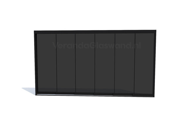 Getinte glazen schuifwand 6 railsysteem zwart met 6 glaspanelen van 98cm tot 573cm breed