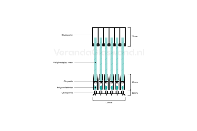 Getinte glazen schuifwand zwart 6 railsysteem met 6 glaspanelen van 103cm tot 603cm breed