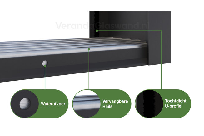 Getinte glazen schuifwand antraciet 5 railsysteem met 5 glaspanelen van  82 centimeter tot 398cm breed