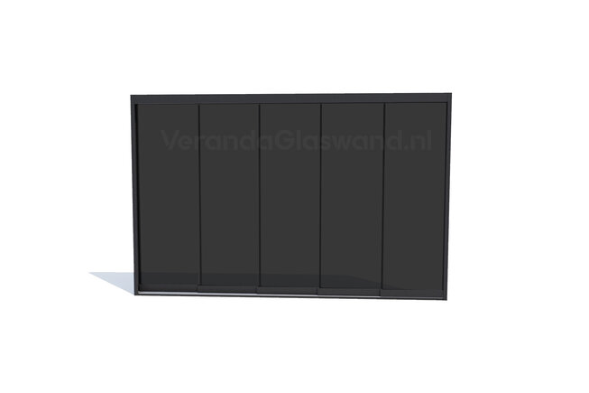 Getinte glazen schuifwand 5 rail antraciet met 5 glaspanelen van 103cm tot 503cm breed