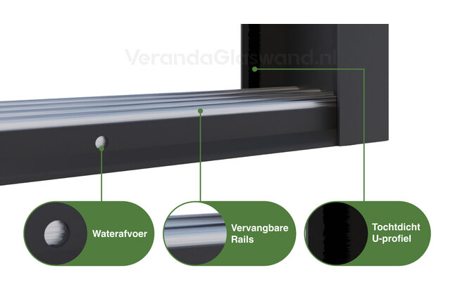 Getinte glazen schuifwand antraciet 4 railsysteem met 4 glaspanelen van 103cm tot 403cm breed