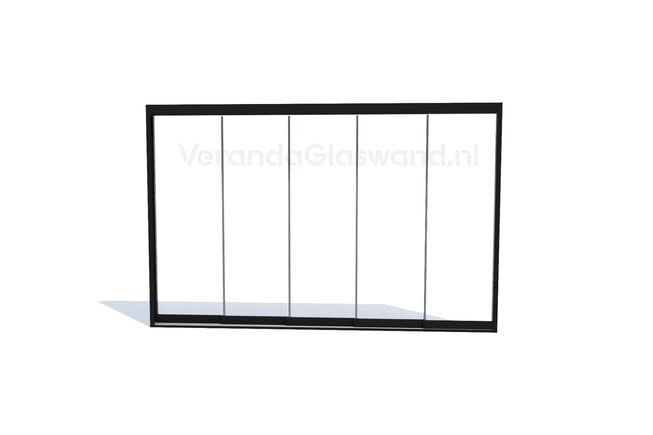 Glazen schuifwand 5 railsysteem zwart met 5 glaspanelen van 98cm tot 478cm breed