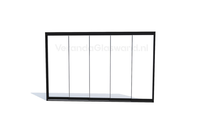 Glazen schuifwand 5 railsysteem zwart met 5 glaspanelen van 98cm tot 478cm breed