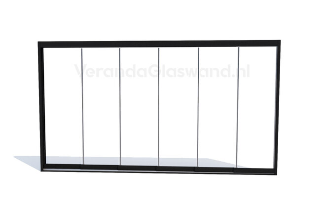 Glazen schuifwand zwart 6 railsysteem met 6 glaspanelen van 82 cm tot 477cm breed