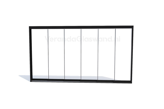 Glazen schuifwand zwart 6 railsysteem met 6 glaspanelen van 82 cm tot 477cm breed