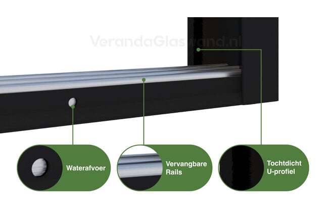 Glazen schuifwand 3 railsysteem zwart met 6 glaspanelen van 98cm tot 578cm breed