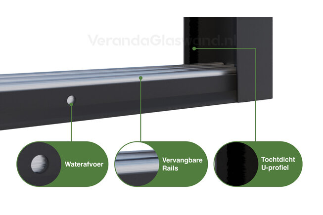 Glazen schuifwand 3 railsysteem antraciet met 3 glaspanelen van 82cm tot 240cm breed