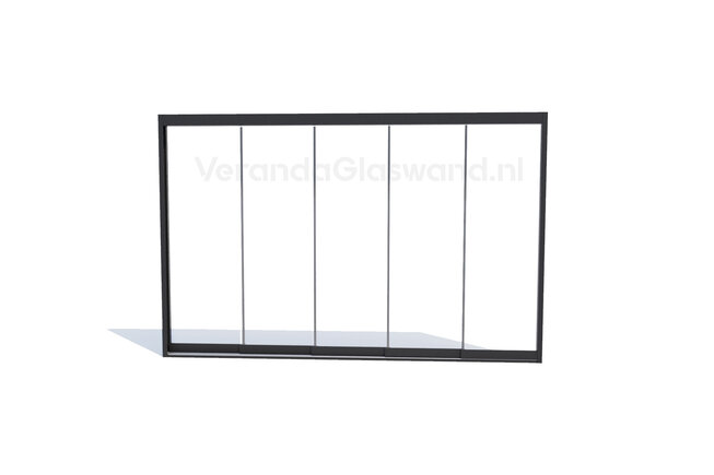 Glazen schuifwand 5 rail antraciet met 5 glaspanelen van 103cm tot 503cm breed