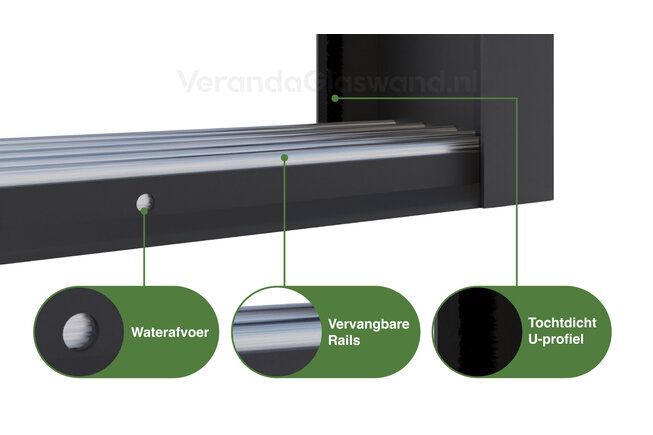 Glazen schuifwand antraciet 6 railsysteem met 6 glaspanelen van 82 centimeter tot 477cm breed