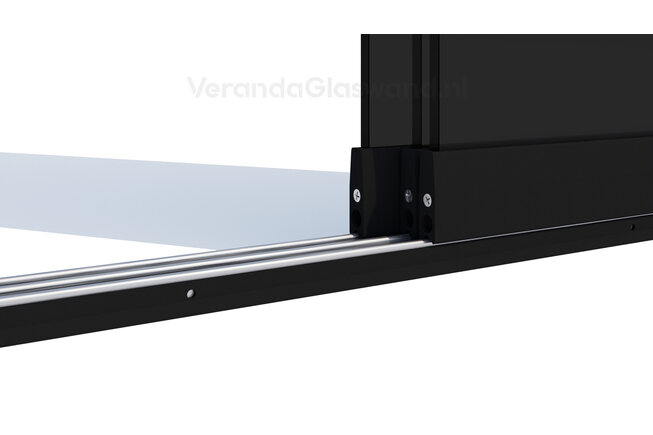 Getinte glazen schuifwand 3 railsysteem zwart met 6 glaspanelen van 98cm tot 578cm breed