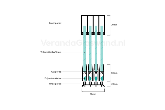 Glazen schuifwand 4 railsysteem antraciet met 4 glaspanelen van 98cm tot 388cm breed