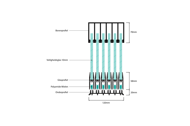 Glazen schuifwand zwart 6 railsysteem met 6 glaspanelen van 82 cm tot 477cm breed