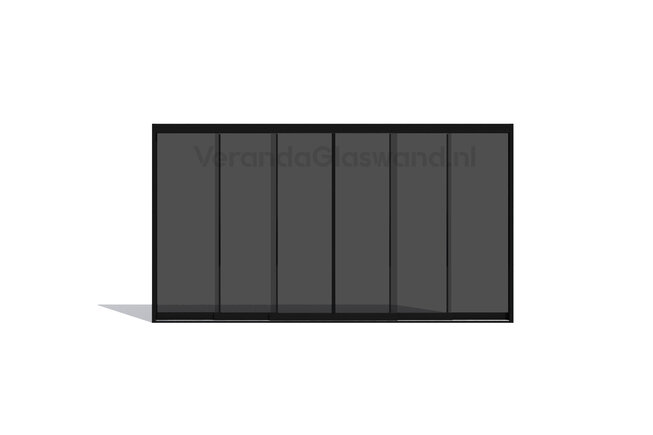 Getinte glazen schuifwand 3 railsysteem zwart met 6 glaspanelen van 98cm tot 578cm breed