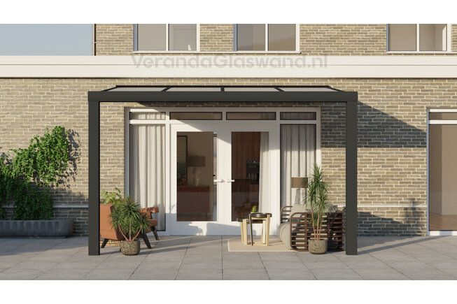 Aluminium overkapping antraciet 410cm x 350cm met Polycarbonaat IQ Relax dak