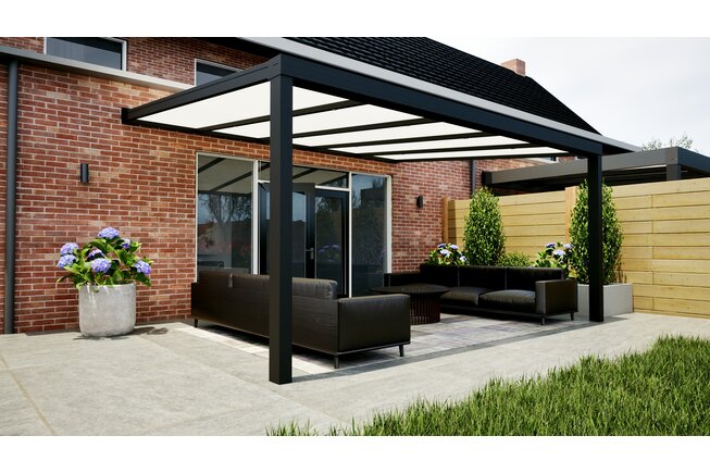 Aluminium overkapping zwart 507cm x 350cm met Polycarbonaat dak