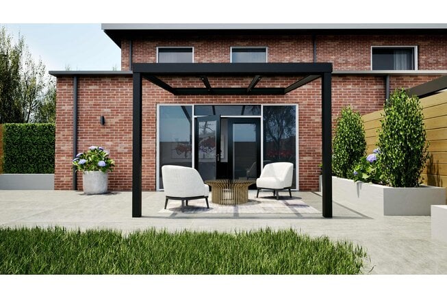 Aluminium overkapping zwart 307cm x 250cm met helder glas dak