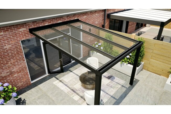 Aluminium overkapping zwart 307cm x 300cm met helder glazen dak Aluminium overkapping zwart 307cm x 300cm met helder glazen dak