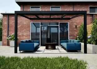 Terrasoverkapping zwart 407cm breed x 250cm diep met glazen dak