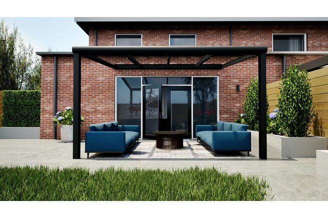 Aluminium overkapping zwart 407cm x 350cm met helder glas dak Aluminium overkapping zwart 407cm x 350cm met helder glas dak