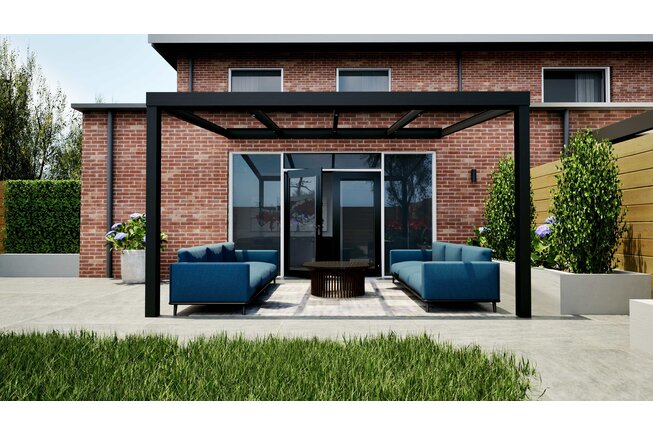 Aluminium overkapping zwart 407cm x 400cm met helder glas dak Aluminium overkapping zwart 407cm x 400cm met helder glas dak
