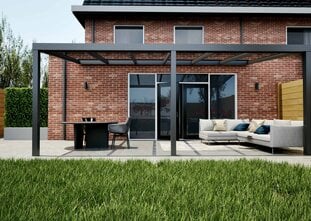 Terrasoverkapping antraciet 607cm breed x 250cm diep met glazen dak